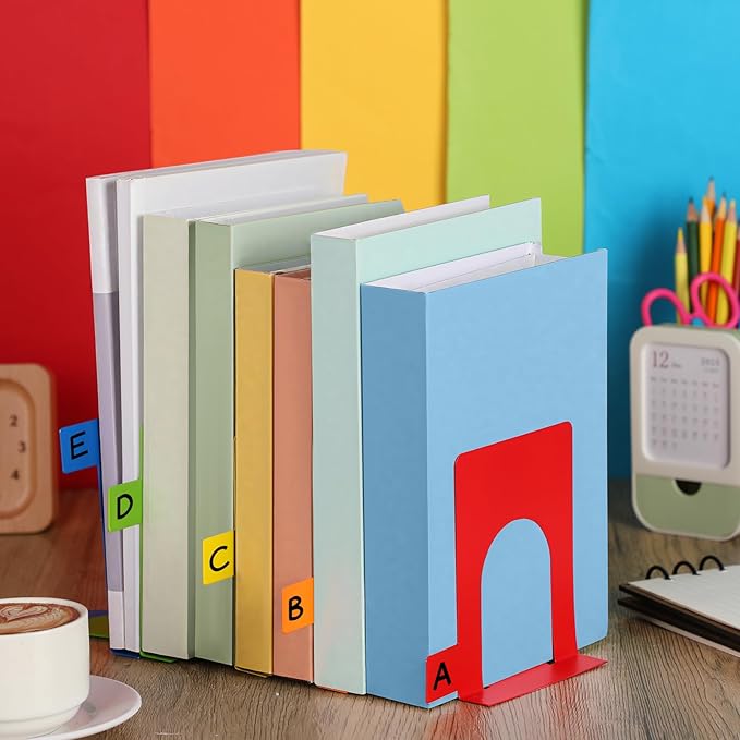 5 Set Metal Book Ends for Shelves Rainbow Book Shelf Dividers Library Shelf Marker Bookends Stopper Colorful Office Stand Holder for Heavy Books Desk Home Movies Kitchen Cds
