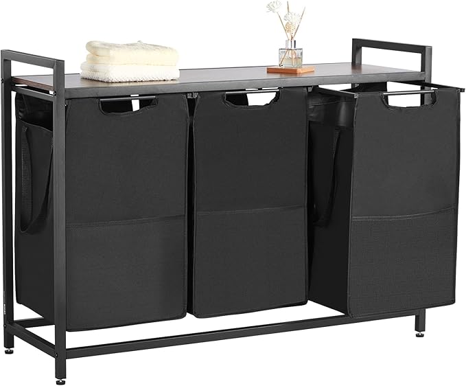VEVOR 3 Section Laundry Sorter, Large Laundry Hamper with Metal Frame and Wooden Tabletop, Freestanding Storage Organizer Baskets with Pull-Out 600D Oxford Cloth Bags for Dirty Clothes, Bathroom