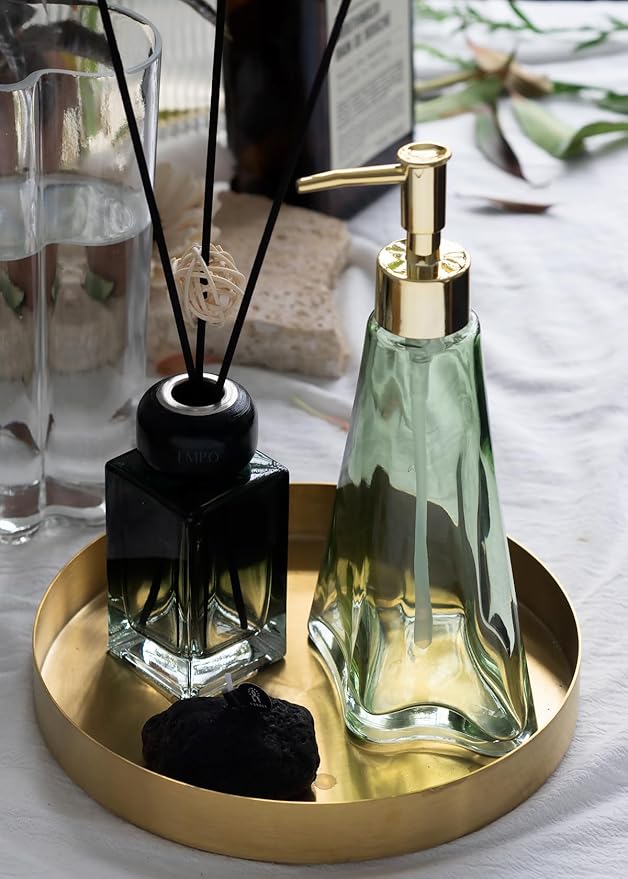 EMPO Vintage Elegant Glass Soap Dispenser, Liquid Soap/Sanitizer/Shampoo Bottle with Golden ABS Pump, Rustic Farmhouse Decor Hand Soap Dispenser Bathroom Accessories (Ripple Yellow-Green)