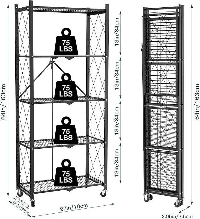 5 Tier Foldable Metal Storage Shelf with Wheels, 500 LBS Heavy Duty Collapsible Wire Shelving Unit, Rolling Utility Rack Cube Bookshelf for Kitchen Pantry Office Garage, 64" x 13" x 27" Black