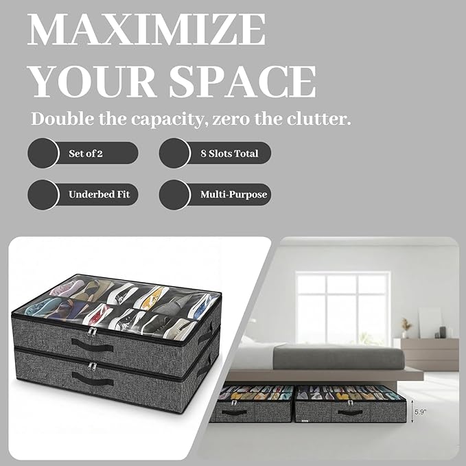2 Pack Underbed Shoe Storage Organizer, Under Bed Shoe Organizer for Closet, Fits 14 Pairs & 4 Boots, Sturdy Shoe Bags for Storage, Shoe Organizer for Under Bed