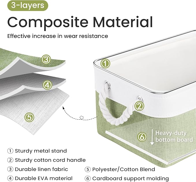 Storage Baskets for Shelves 13.8x9.8x6.7 Inch, Foldable Fabric Storage Bins with Handles, Small Storage Baskets for Organizing Closet, Office, Home Organization (3-Pack, White&Green)