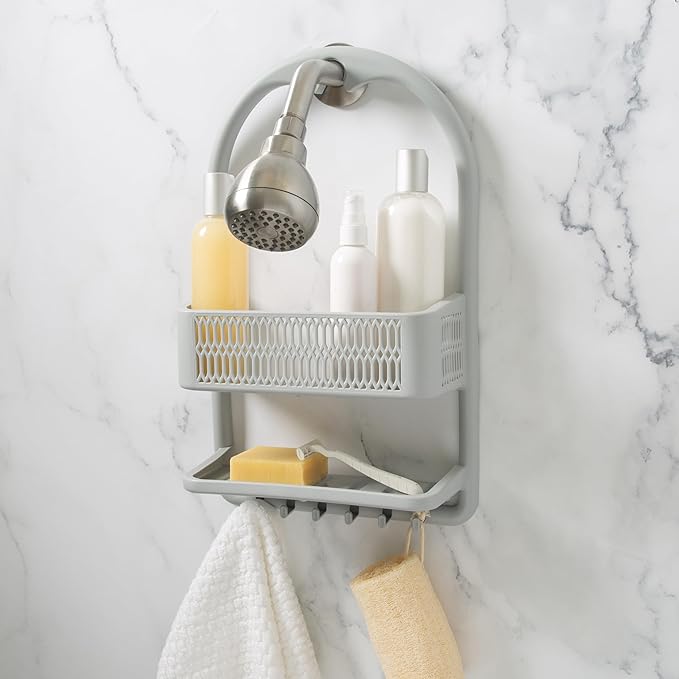 Bath Bliss Molded Shower Caddy | Bathroom Storage | Hangs Over Shower Head | 6 Accessory Hooks | Holds Razors | Washcloths | Accessories | Suction Cup Stability | Grey