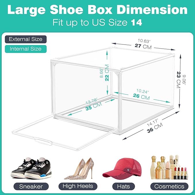1 Pack Drop-Front Clear Shoe Storage Box Acrylic Box Shoe Organizer Size 13, Stackable Shoe Tower with Magnetic Door Large Storage Bins for Sneaker Containers Display & Closet Organization