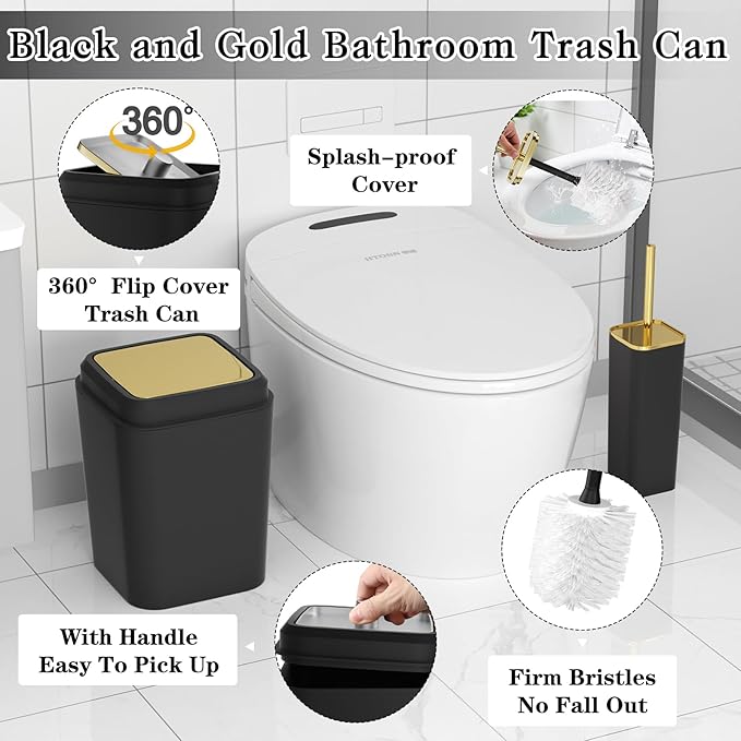 Black Bathroom Accessories Set, Black and Gold Bathroom Accessories with Trash Can, Tray, Soap Dispenser, Soap Dish, Toothbrush Holder, Toothbrush Cup,Toilet Brush and Qtip Holders