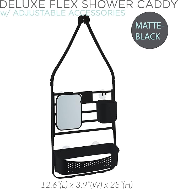 Bath Bliss Deluxe Flex Adjustable Shower Caddy | 2 Hanging Options | Customizable Accessories | Bathroom Storage | Matte Black