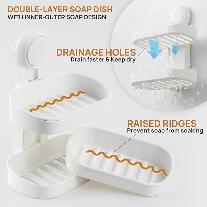 LEVERLOC Soap Dish Holder for Shower Double Layer Suction Cup Wall Mounted NO-Drilling Self Draining Removable Waterproof Strong Suction Bar Soap Sponge Holder for Shower Bathroom Bathtub Kitchen