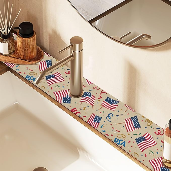 Kitchen Sink Splash Guard 2 PCS 30 Inch Sink Faucet Mat Splash Guard for Bathroom Countertop Water Absorbent Foldable Cuttable Soft Washable Brown Patriotic American Flags