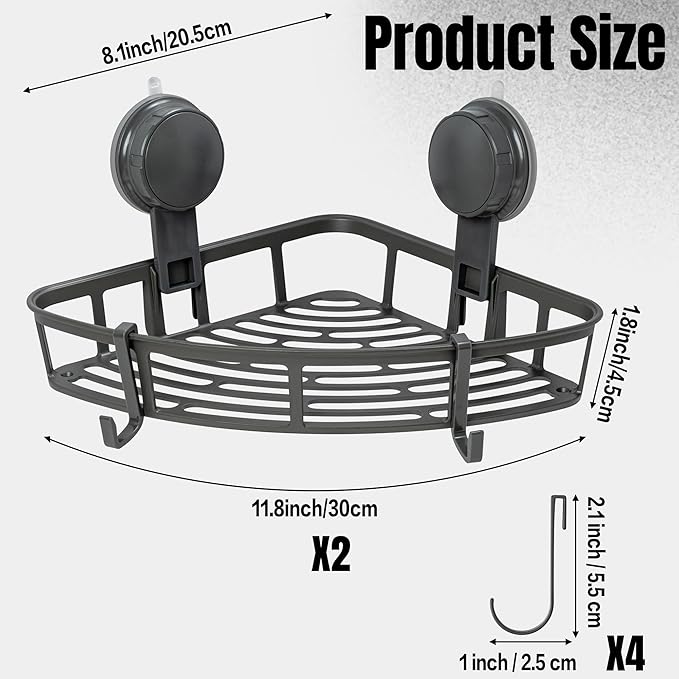 Corner Shower Caddy Shelves - 2PCS Suction Cup Shower Organizer Shelf with 4 Hooks, No Drilling Rustproof Bathroom Caddies Storage, Adhesive Stainless Steel Wall Hanging Rack for Toilet Kitchen