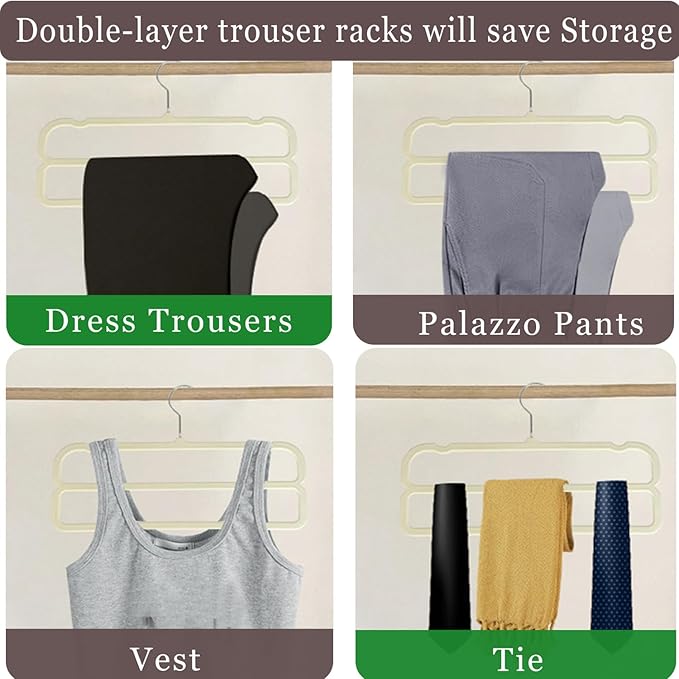 Velvet Pants Hangers 10 Pack,2 Tier Jeans Hanger,Premium Non Slip,Thin Space Saving Slim Trousers Hanger,13.77inch