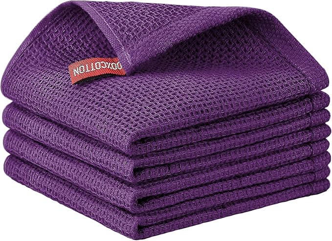 Nialnant 100% Cotton Dish Cloths for Washing Dishes, 4 Pack Waffle Weave Dish Towels,Super Soft Absorbent Cleaning Rags-Purple,12x12 Inch