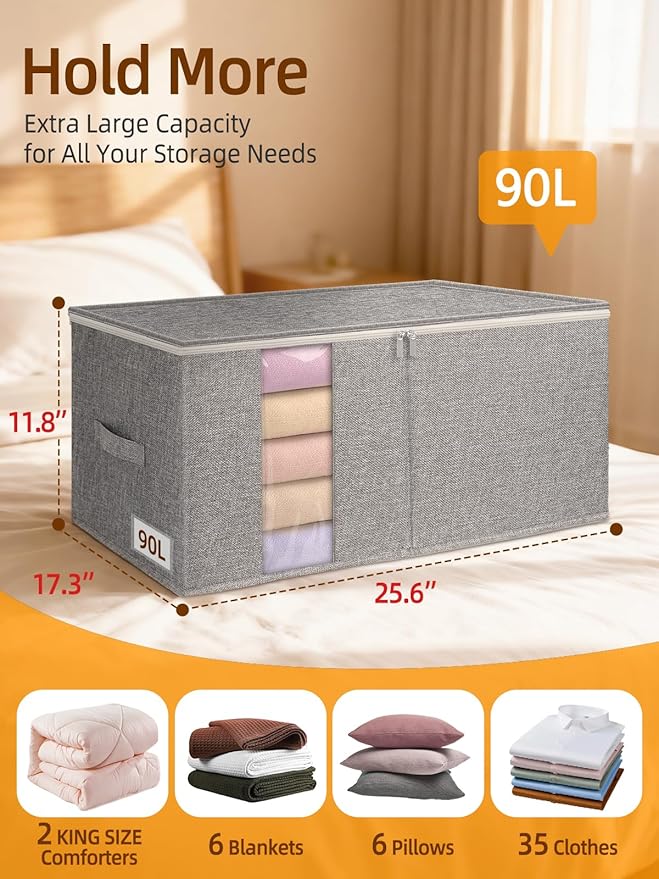boailydi 90L King Size Comforter Storage Bag w/Rigid Panels, Large Blanket Organizer for Closet, Stackable & Foldable Container w/Clear Window & Smooth Zippers for Bedding Sets/Clothes, 2 Pack, Gray