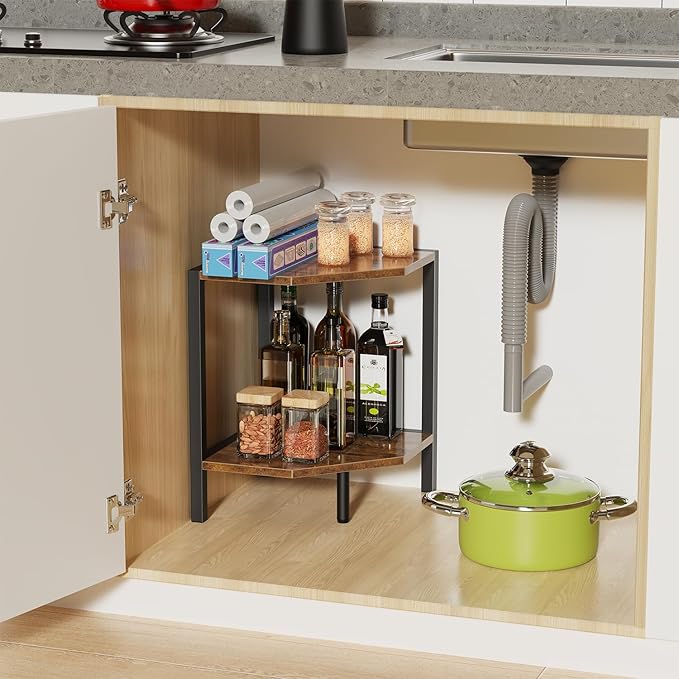 Corner Shelf Stand, 2 Tier Industrial Corner Bookshelf, Multipurpose Standing Corner Display Shelf Countertop Organizer for Living Room Kitchen Bedroom Office, Rustic Brown