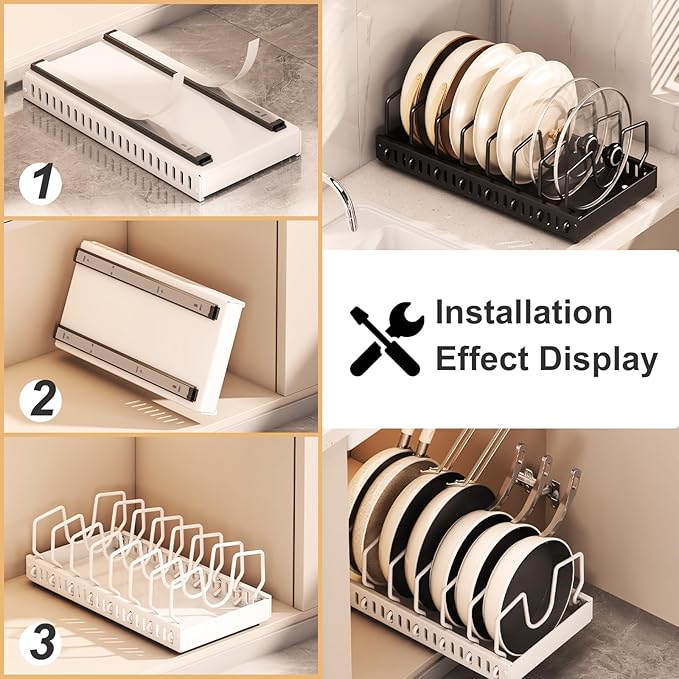 Pots and Pans Organizer Under Cabinet 2 Pack, Pull-Out Cabinet Organizer for Pot Lids, Bakeware, Dishes, 8 Adjustable Dividers (Black