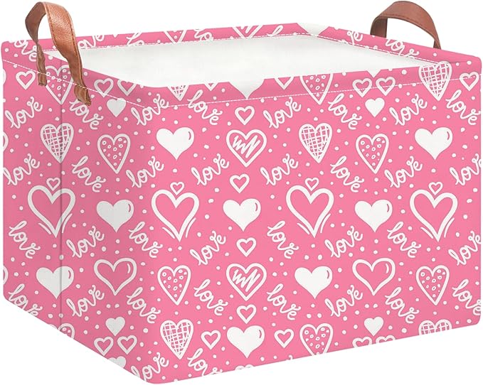 Rectangular Storage Basket Empty,Collapsible Gift Basket with Handles,Heart Print Basket, Books Box,Room Decor(Lovely Heart)