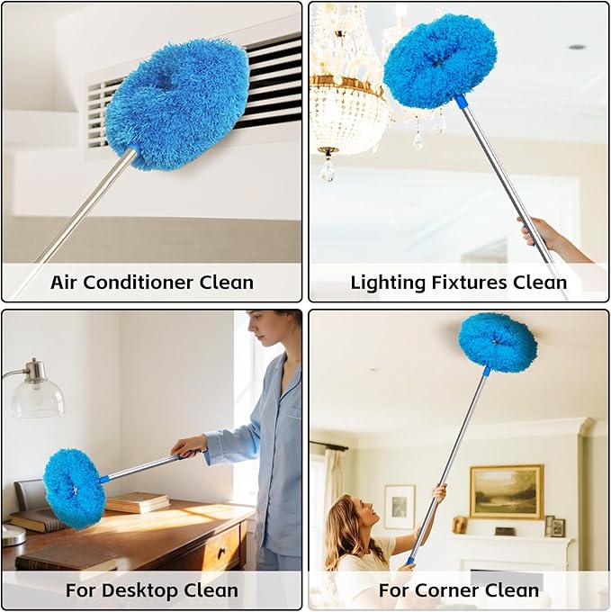 DRQ Ceiling Fan Cleaner Duster, Reusable Microfiber Duster with Extension Pole, 13 to 48 Inch Fan Blade Cleaner, Removable Dusters for Cleaning Walls Bookshelves Door Window Top (Blue)