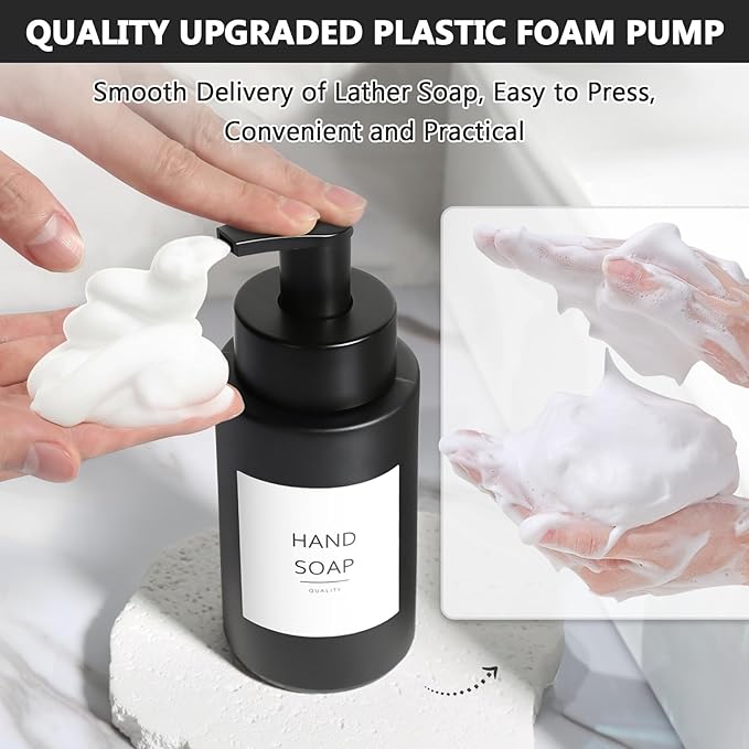 Matte Black Foaming Hand Soap Dispenser, 10 oz/300ml Glass Foam Dispenser, 2 Pcs Foaming Soap Dispenser for Bathroom, Black Refillable Pump with Waterproof Labels