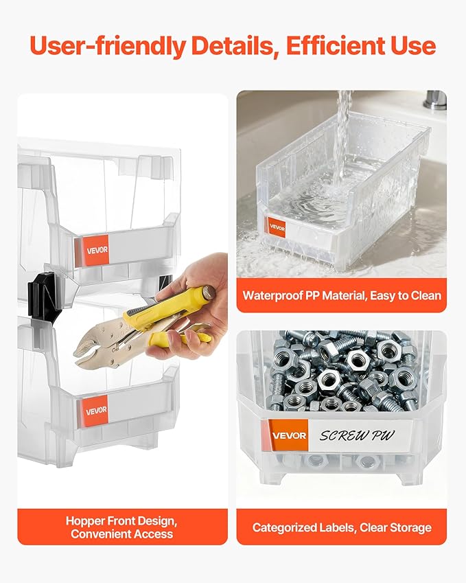 VEVOR Plastic Stackable Storage Bins, 14.8 x 8.5 x 7.1 inch (6 Pack), Plastic Containers for Organizing & Storage Bins for Closet, Garage, Small Parts, Office Supplies, Other Accessories, Transparent