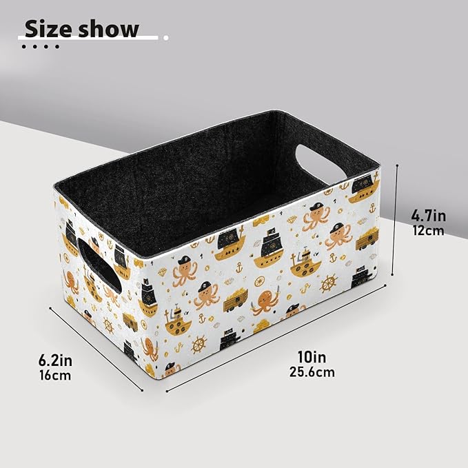 Closet Storage Bins 2 Pcs Felt Open Home Storage Containers Organizer with Handles Collapsible Shelf Basket for Home Office Craft Room Classroom Fabric Gold Pirate Octopuses Sailbat