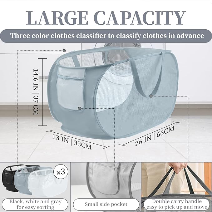 Reinforced Collapsible Laundry Baskets, 3Pcs High-Strength Mesh Pop Up Laundry Hamper, Foldable Clothes Hamper with Handles and Side Pocket for Laundry Room Dorm, Horizontal