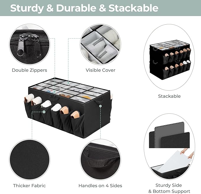 Extra Large Fabric Shoe Organizer for Closet, Fits up to 28 Pairs, Foldable Shoe Storage Bin Containers with Adjustable Dividers and Clear Cover, Black, 3 Pack