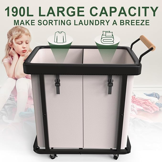 190L (50 Gal) Extra Large Fashion Laundry Hamper 2 Section with Lid, Rolling Laundry Basket Hamper with Handle, Laundry Organizer Storage Cart with Sturdy Metal Frame for Laundry Room, Hotel,White