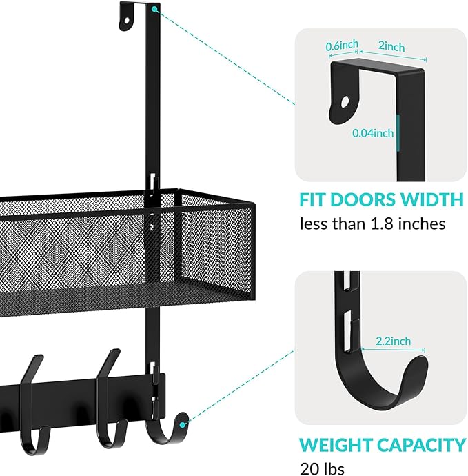LUCYCAZ Over The Door Hooks - Over Door Organizer, Door Hanger Towel Rack with Mesh Basket & Wreath Hanger, Behind Door Storage Coat Hooks for Bathroom, Bedroom, Kitchen (Black)