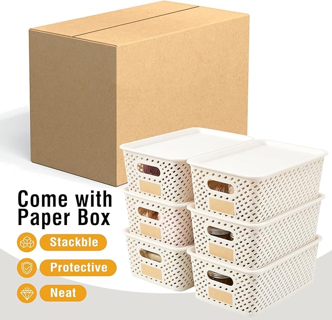 Small Plastic Twill Woven Storage Baskets with Lids, Stackable Organizing Containers with Labels for Pantry Closet Office, 6-Pack,10.35"x7.3"x4.09", White