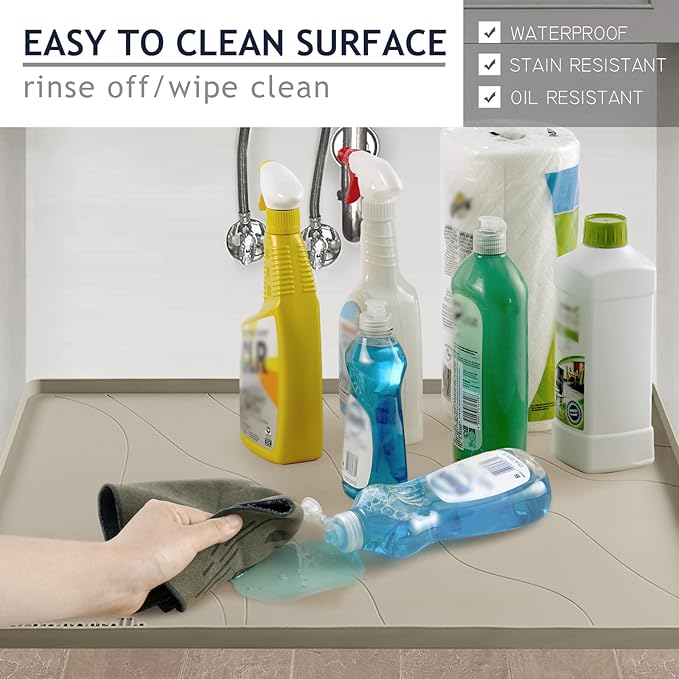 Heavy Duty Silicone Under Sink Mats for Kitchen Waterproof 34" x 19", Extra Thick Under Sink Rubber Mat Drip Tray, Raised Edge Under Sink Liner,Prevent Drips, Leaks, Spills,Brown