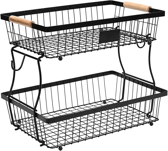 Fruit Basket Bowl 2 Tier Detachable with 2 Banana Hangers, Fruit Stand Holder for Kitchen Countertop, Metal Wire Vegetable Storage Organizer, for Bread Snack Veggies Produce, Black