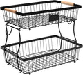 Fruit Basket Bowl 2 Tier Detachable with 2 Banana Hangers, Fruit Stand Holder for Kitchen Countertop, Metal Wire Vegetable Storage Organizer, for Bread Snack Veggies Produce, Black