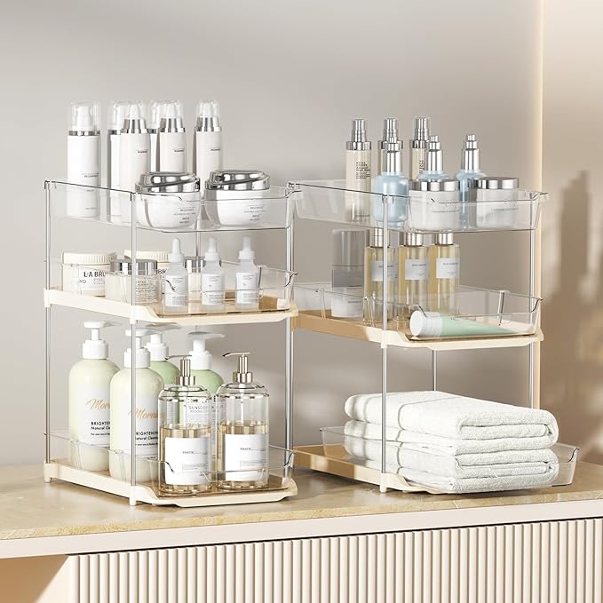 Delamu 2 Pack 3-Tier Bathroom Under Sink Organizers and Storage, Multi-Purpose Stackable Pantry Organization and Storage, Pull Out Clear Kitchen Bathroom Cabinet Organizer with Movable Dividers, Beige