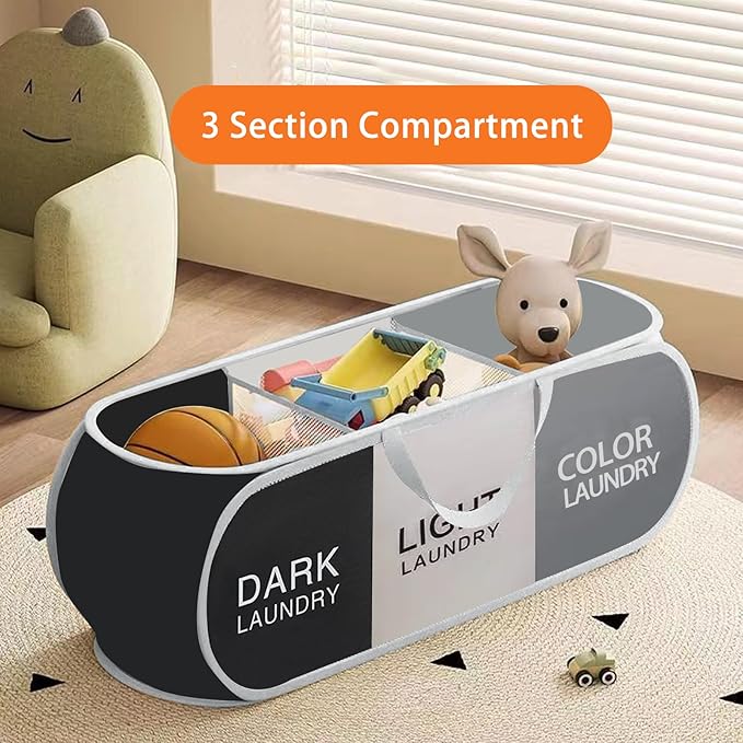 Foldable Pop Up Laundry Hamper, 3 Compartment Laundry Basket Collapsible, Easy to Sort Clothes Hampers for Laundry Room, Dorm Room Essential