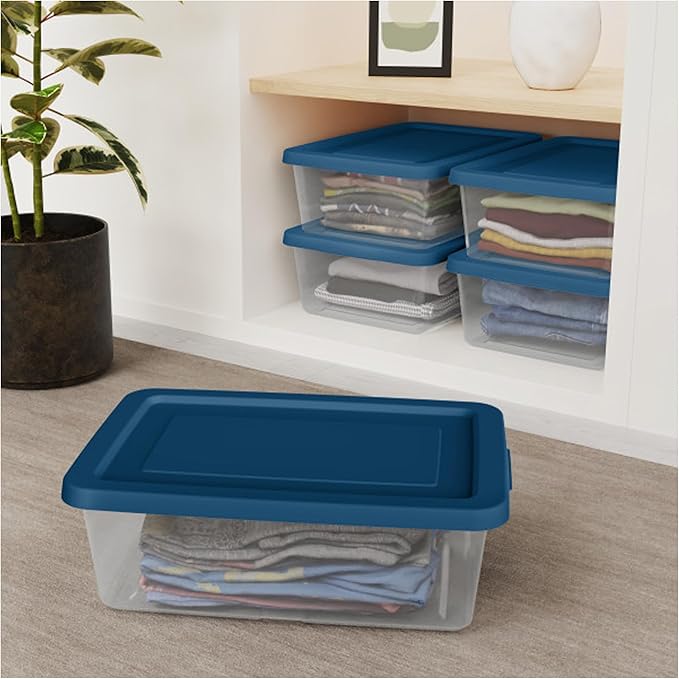 Sterilite 12 Pack Storage Boxes, Clear Plastic Stackable Containers, Lightweight Home Organizers with Snap Lids, 12 Quart, Marine Blue (6 Pack)