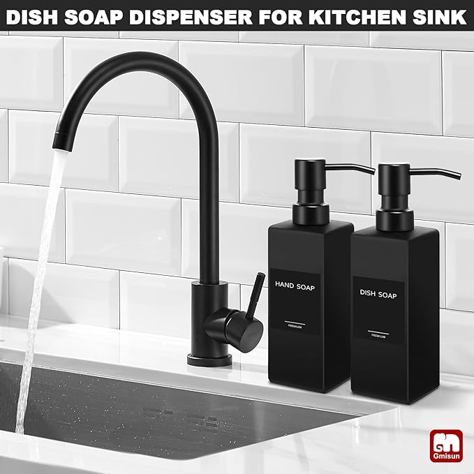 GMISUN Black Soap Dispenser Bathroom, Glass Hand Soap Dispenser with Stainless Steel Pump, 12 fl oz/350ml Refillable Dish Dispensers for Kitchen, Modern Liquid Lotion Bottles for Bathroom Countertop