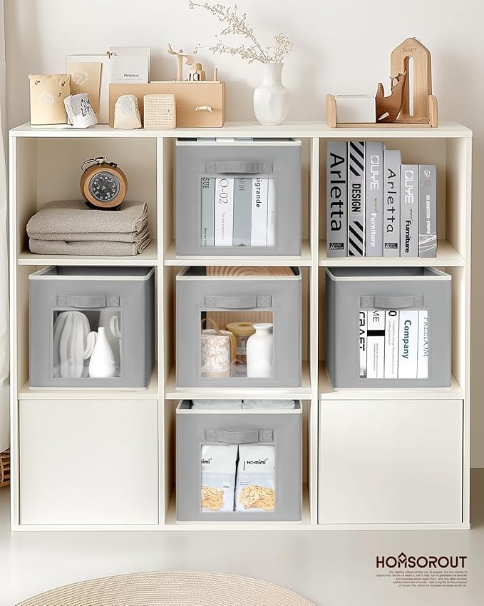 Foldable Storage Cubes - Square Organizer with Window, Decorative Baskets for Organizing, Fabric shelf Basket for Clothes, 11 Inch Closet Storage Cubes, Set of 16, Grey