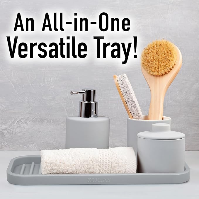 Zulay Kitchen (9x3.5in) Sponge Holder for Kitchen Sink - Flexible Heavy-Duty Multipurpose Sink Caddy - Counter Organizer for Kitchen, Bathroom, Makeup, Trinkets & More! (Grey)