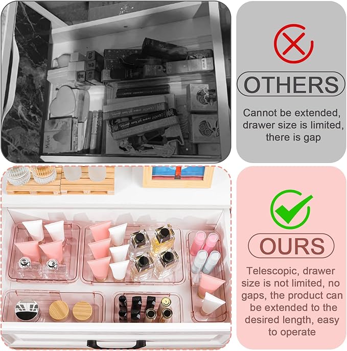 20 Pcs Clear Drawer Organizer, Adjustable Drawer Storage Box, 3-Size Desk Drawer Organizer, Acrylic Storage Bins for Makeup, Kitchen Utensils, Bedroom Dressers Tool Organizer for Gadgets, Pink