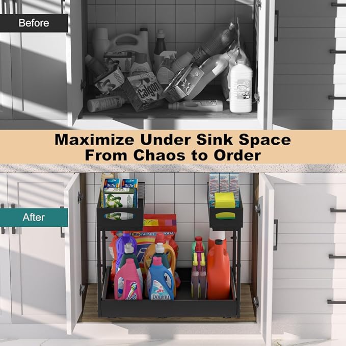 Housolution Under Sink Organizer, 14"-21" Width Expandable, 13"-17" Height Adjustable, 2 Tier Metal Pull Out Under Sink Storage Rack with 3 Sliding Rails for Kitchen Bathroom Cabinet, Double Side