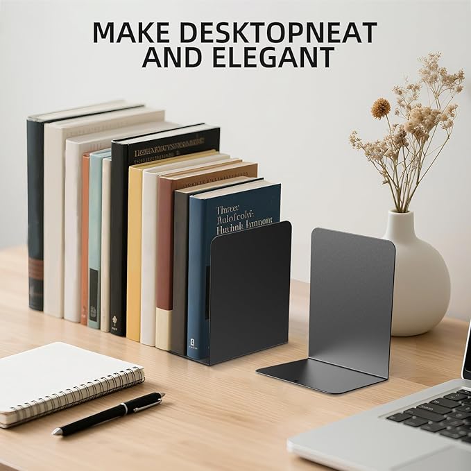 Book Ends, 2 Pieces Metal Bookend for Shelves, Bookends for Heavy Books, Book Holders for Shelves, Desk Organizers, Book Dividers for Office, School, Bookstore, Home