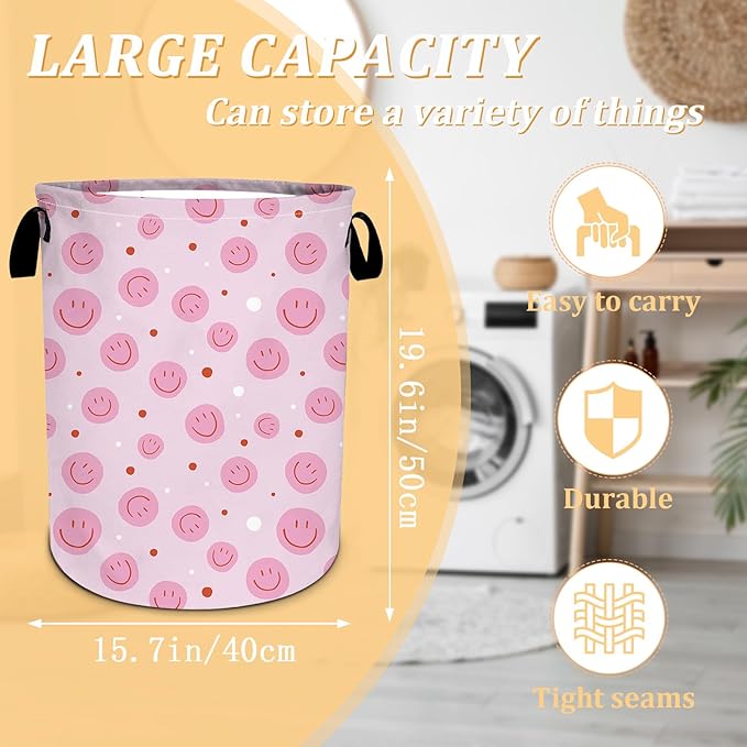 Pink Laundry Basket, Boho Laundry Hamper Foldable Waterproof Oxford Cloth Funny Tote Bag Dirty Clothes Storage Bucket Toy Organizer for Bathroom/Laundry/Bedroom 15.7"x 19.6"