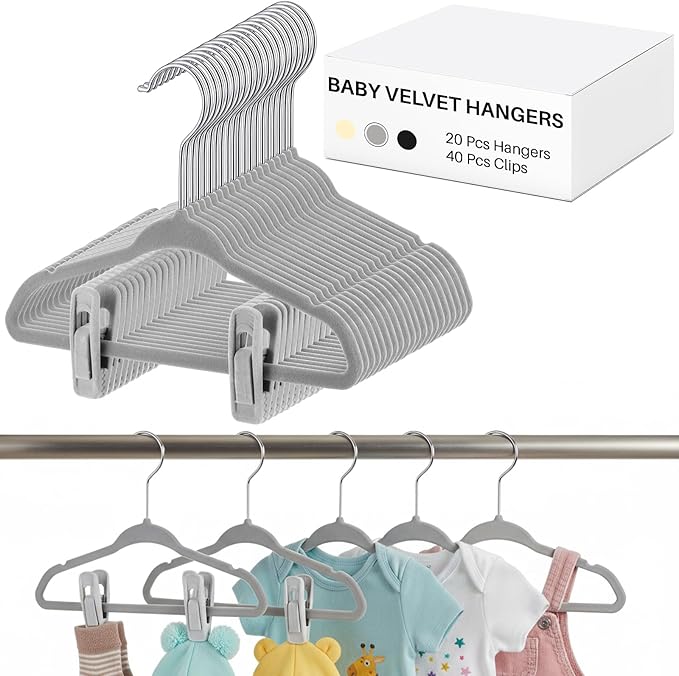 Soaoo 20pack Premium Baby Velvet Hangers with Adjustable 40 Clips, Non Slip 11 Inch Slim Kids Closet Organizer for Pants, Dresses & Matching Outfits, Nursery & Toddler Wardrobe (Grey)
