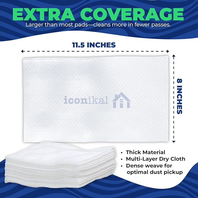 Iconikal Dry Mop Pad Refills (90-Pack) | Fits Swiffer Dry Sweeping Cloths for Dirt, Dust, Hair | Use for Swiffer Pads Refill | Unscented, Disposable Mop Pads for Sweeping, Mopping, Dusting, 11.5" x 8"