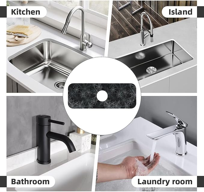 Halloween Black Spider Web Kitchen Sink Splash Guard Faucet Mat Super Absorbent Fast Drying Mat Sink Gadgets-Fast Drying Pad Sink Mat For Kitchen Bathroom (15" X 5.5" )