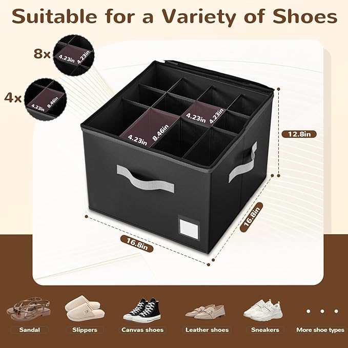2 Pack Shoe Organizer for Closet, Large Shoe Box Storage Containers,Shoe Storage Box Fits 12-16 Pairs,Fabric Shoe Storage Bins with Clear Cover,Black