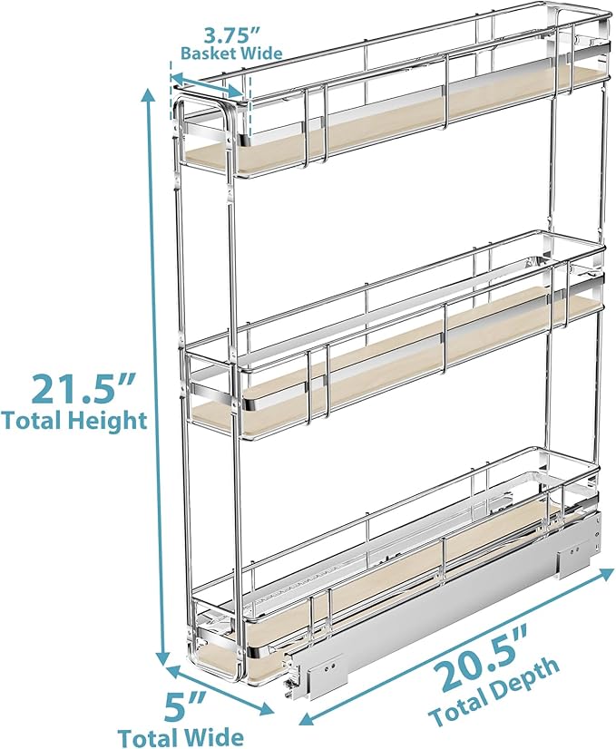 Pull Out Spice Rack Cabinet Organizer 5" W x 20½" D, 3 Tier Heavy Duty Slide Out Wood Shelf for Narrow Cabinet, Pull Out Storage for Kitchen