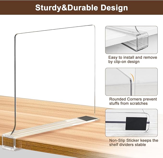 6 Pack Shelf Dividers, Adjustable Shelf Dividers for Closet Organization with Non-Slip Design, Clear Acrylic Shelf Dividers for Clothes, Handbags, Purses, Towels, Bookshelf in Home Organization