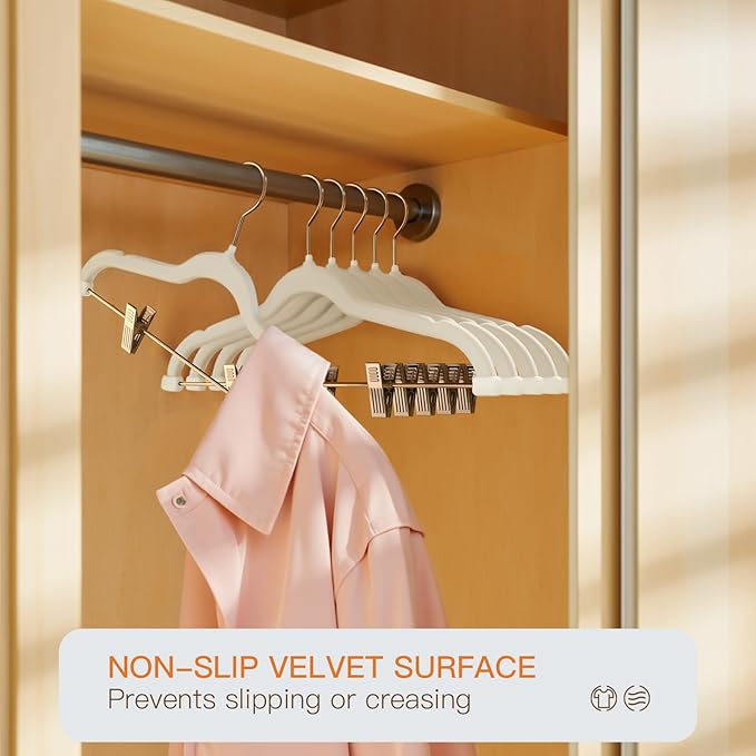 Flottian 24 Pack White Velvet Pants Hangers,Velvet Hangers with Clips Adjustable,Space-Saving Slim Flocked Hanger,Heavy Duty Non Slip Hanger for Skirts,Coats,Pants,Dress