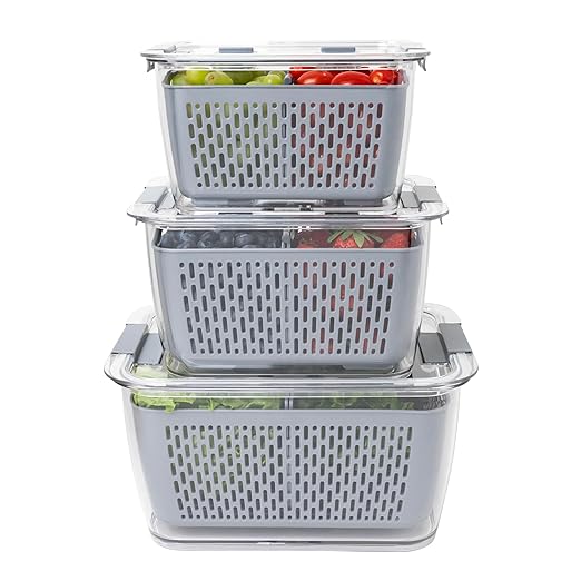 Kitchen Spaces Stackable Fridge Storage Colander Containers for Fresh Produce, Variety Pack, 3 Sizes to Organize Washed Fruits and Veggies, Snap and Seal Lids with Adjustable Vents, Hand Wash Only