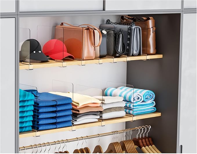 Yieach 4 Pack Towel,Sweater,Purse Organizer and Acrylic Shelf Dividers for Closet Organization - Adjustable Height - Vertical Shelf Separators for T Shirt,Clear Closet Shelf Divider for Wood Shelves